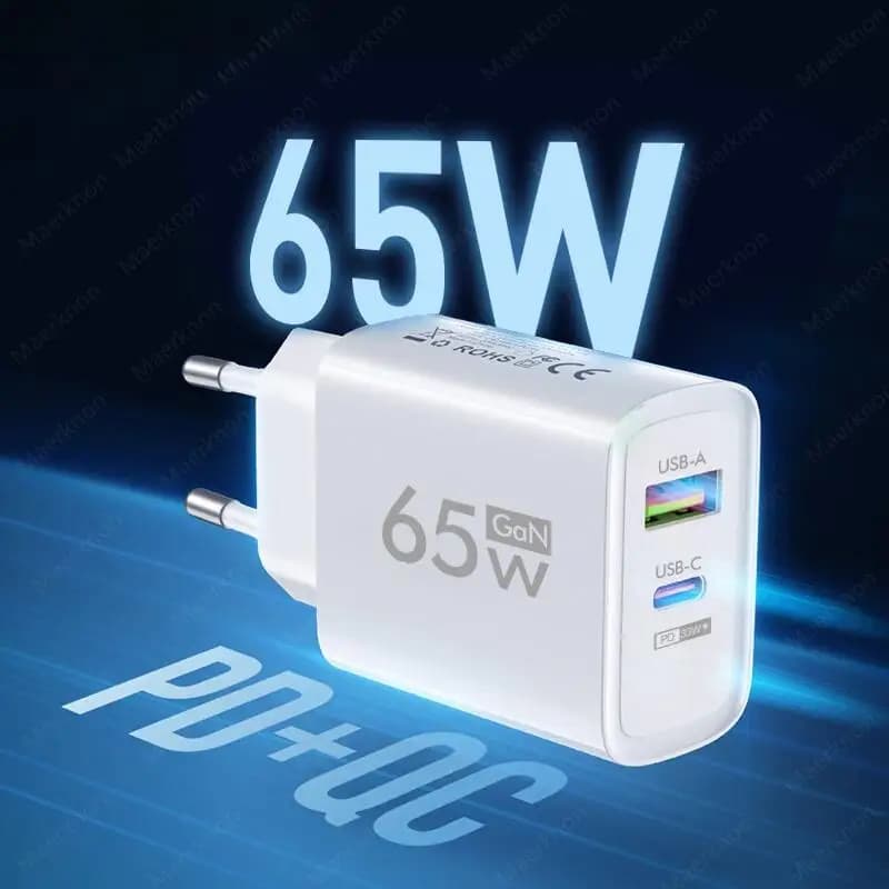 Caricabatterie USB GaN a ricarica rapida PD 65W, adattatore di tipo C per iPhone, Samsung, Xiaomi, Huawei, con spina EU/US per cellulari.