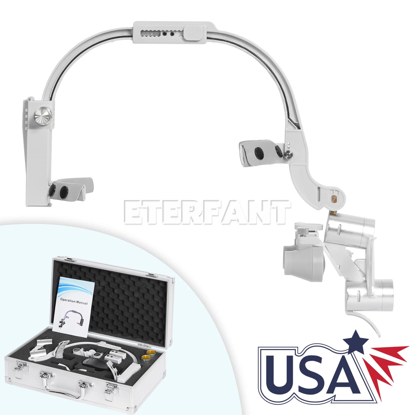 Occhiali Binoculari Chirurgici Dentali ETERFANT 3.5X-420 mm con Luce Frontale LED 5W 2 LED Grigio