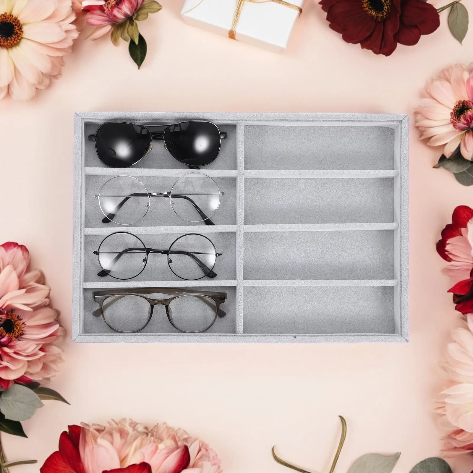 Vassoio Organizzatore per Occhiali da Sole e Gioielli, Design a 8 Scomparti, Superficie Morbida per Protezione Accessori, Elegante Elemento d'Arredo, Portatile