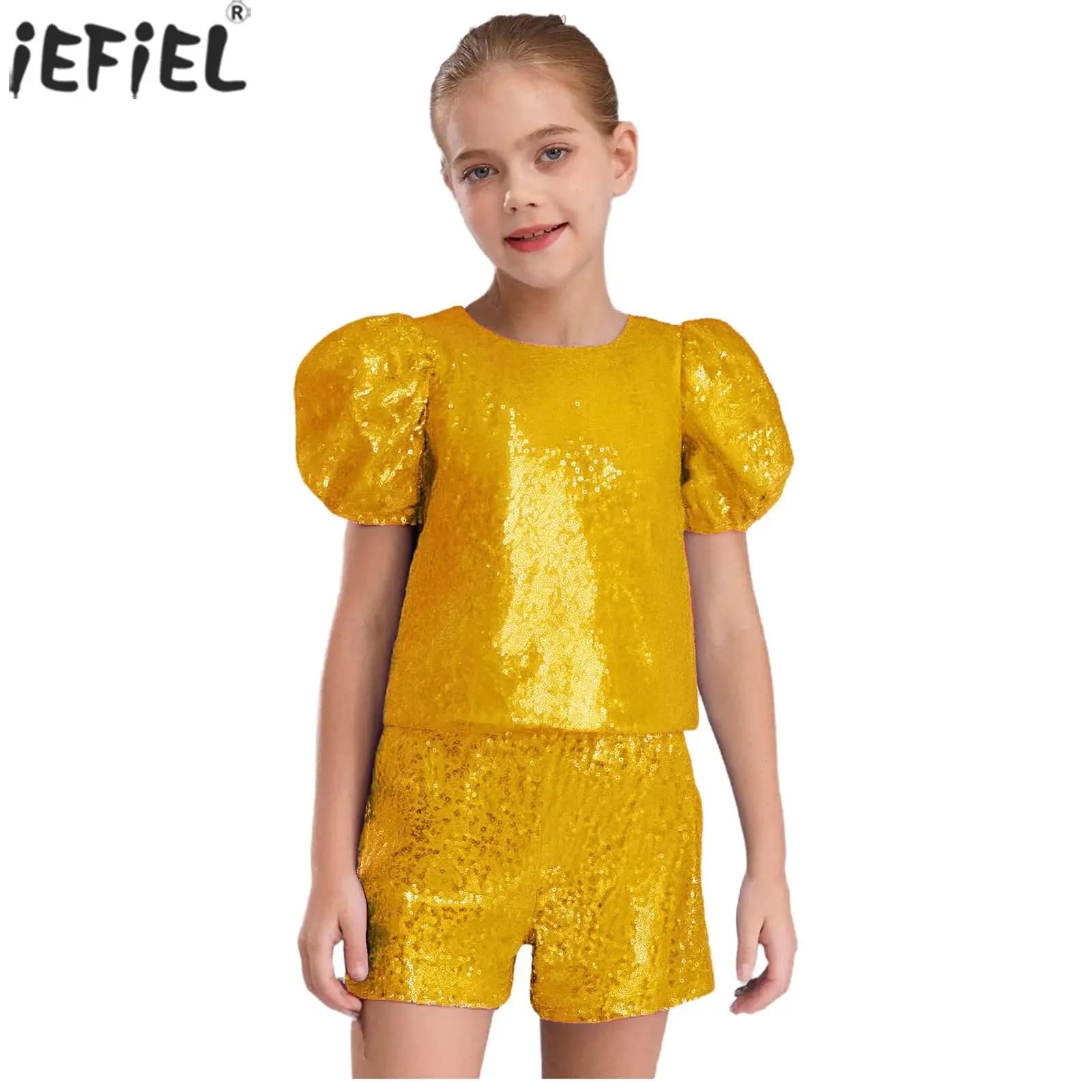 Abiti da festa per ragazze con paillettes lucide, camicia con maniche a sbuffo, camicette e pantaloncini per spettacoli scolastici di compleanno, spettacoli teatrali di danza jazz