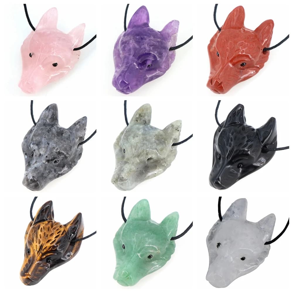 40mm Wolf Head Stone Pendant Natural Healing Crystals Statue Hand Carving Gemstone Wolves Animal Figure Jewelry Making Necklace