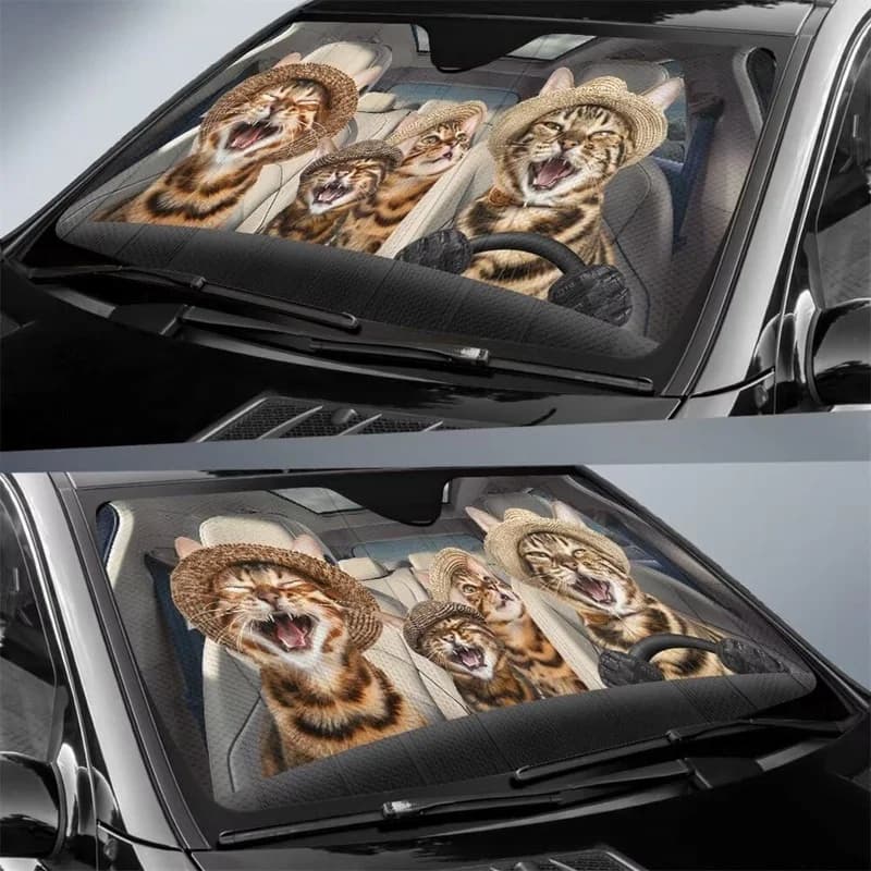 Bengal Cat Driving Car Windshield Sunshade Cover, Animal Cats Car Windscreen Sun Visors, Cute Pet Foldable Auto Sunshield Auto S