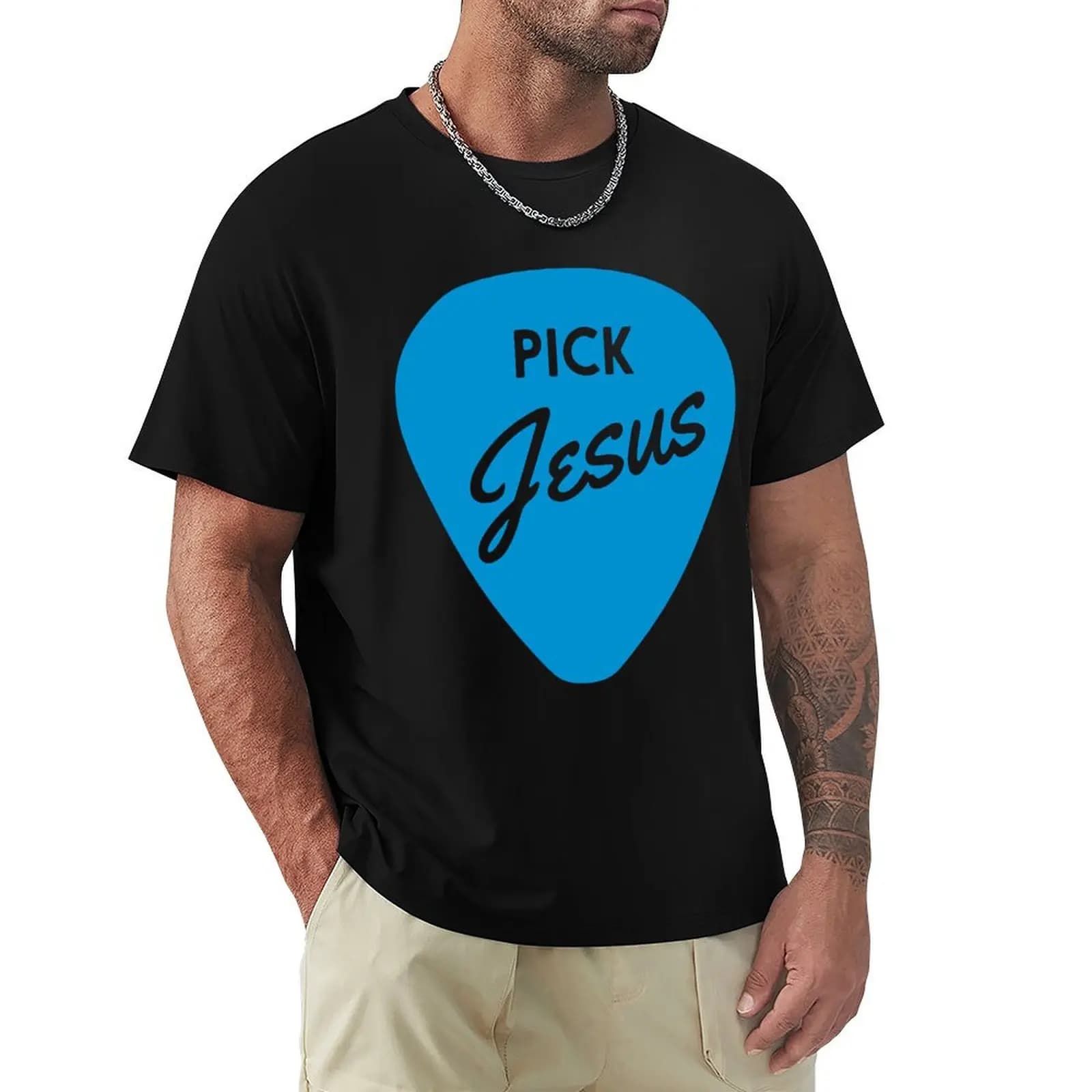 T-shirt in cotone basic anti-restringimento con stampa 'Pick Jesus' e chitarra, abbigliamento cristiano
