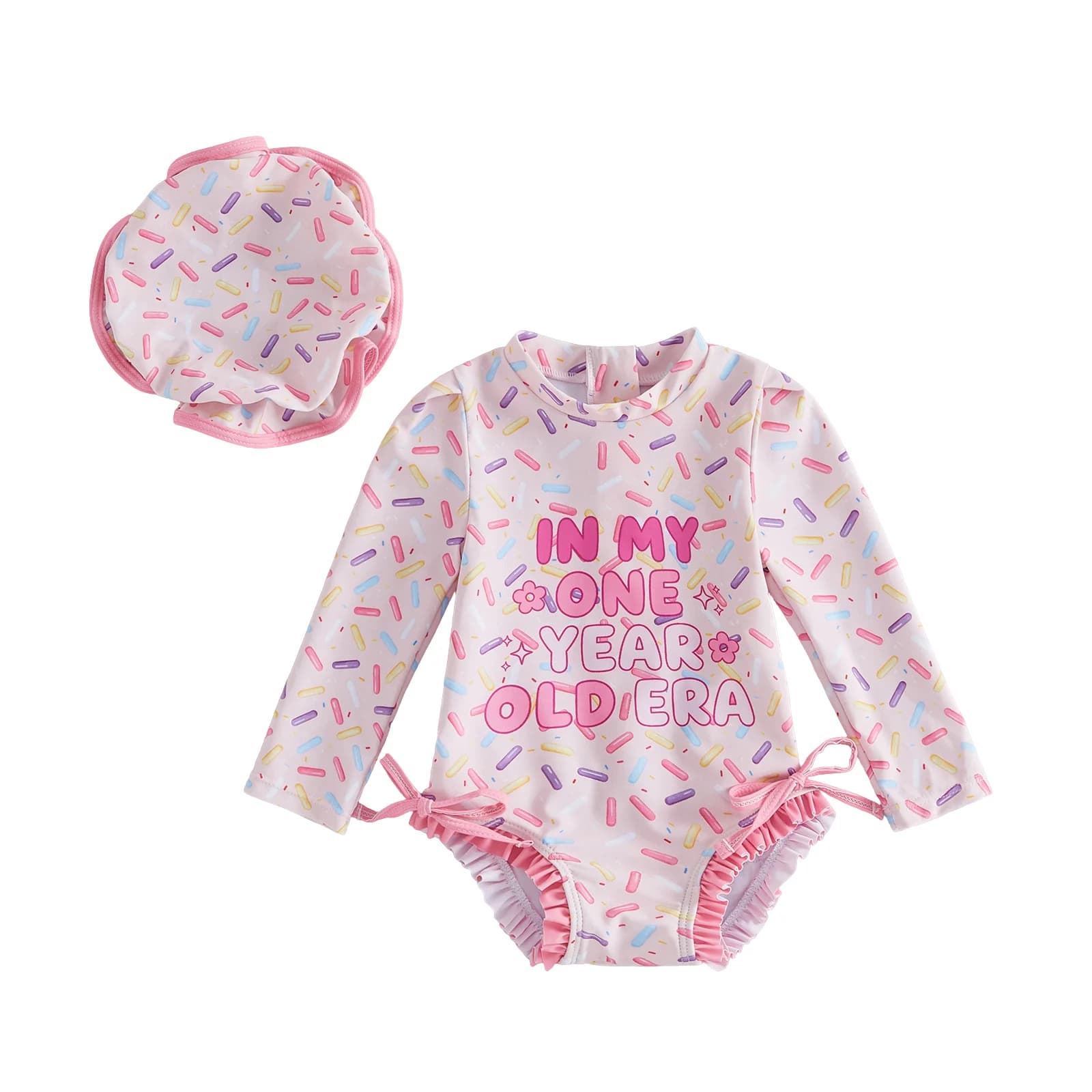 Newborn swimsuit with UV protection, for first birthday, with letter print, long sleeves, crew neck, with swimming hood