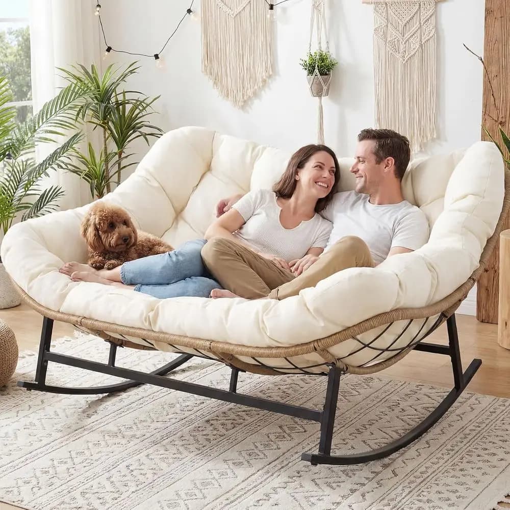 Divano a dondolo in vimini extra large per 2 persone con cuscino per il relax all'aperto, colore beige