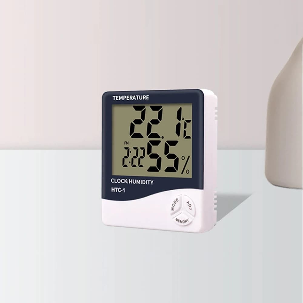 1 PC Igrometro elettronico multifunzione per uso domestico a grande schermo Termometro Sveglia Visualizzazione della data (senza batteria)