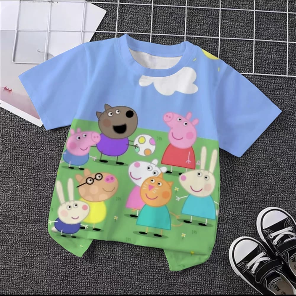 T-shirt alla moda con stampa di cartoni animati, estiva, casual, girocollo, moda street, per bambini, manica corta, Peppa Pig, 3-14 anni