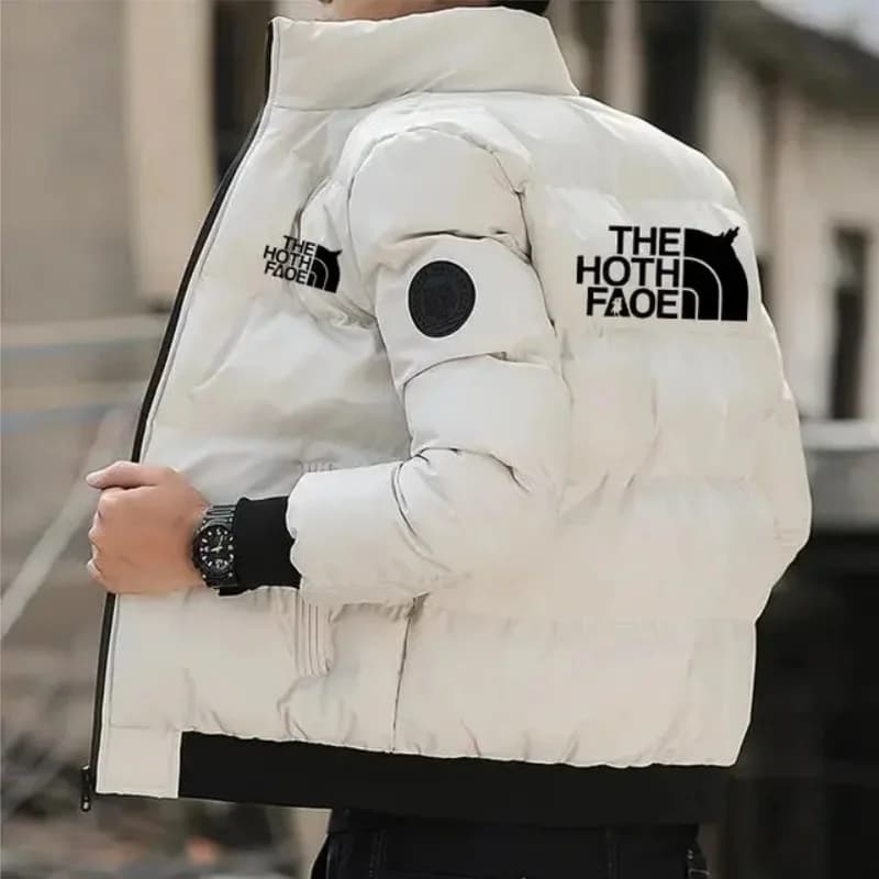 Autumn Winter Men's Stand Collar Padded Jacket Letter Print Thick Warm Cotton Coat Outdoor Windproof Casual Outerwear