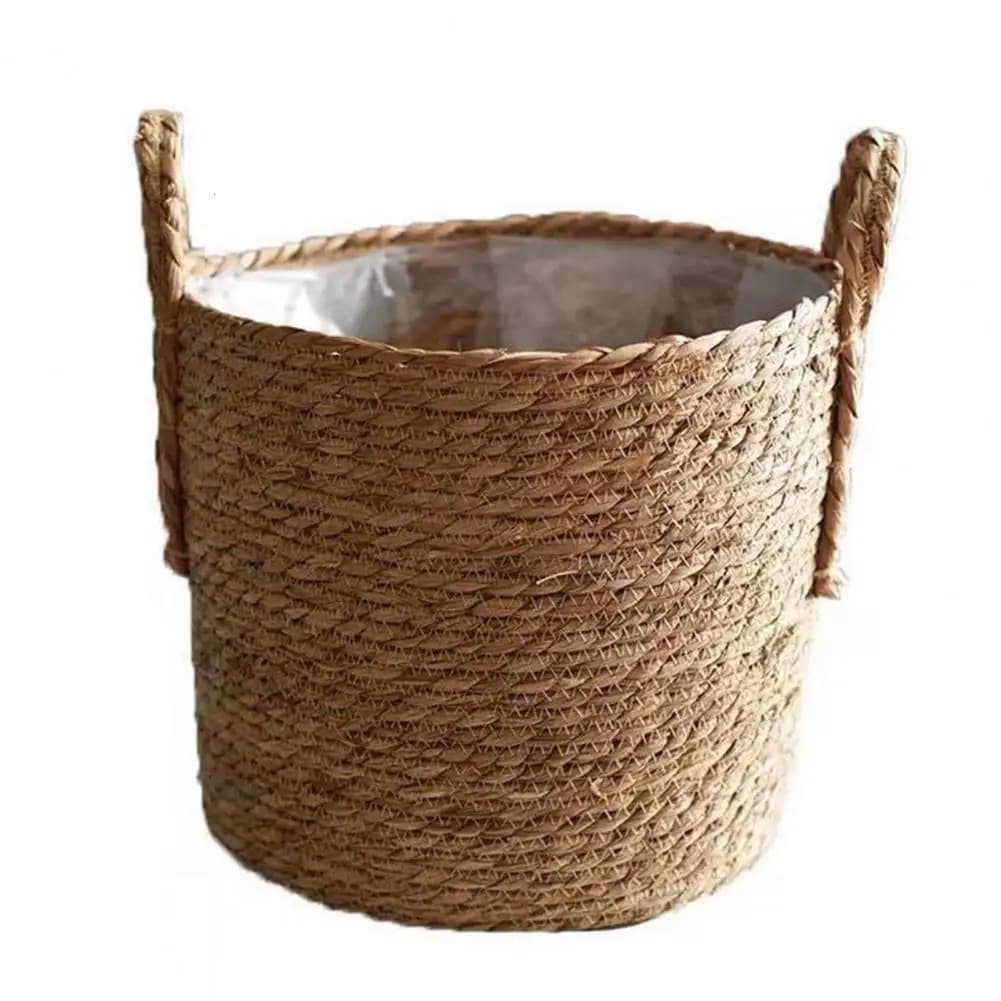 Stylish Storage Containers Woven Seagrass Plant Pot with Handle Plastic Lined Storage Basket Natural Rattan Flower for Indoor
