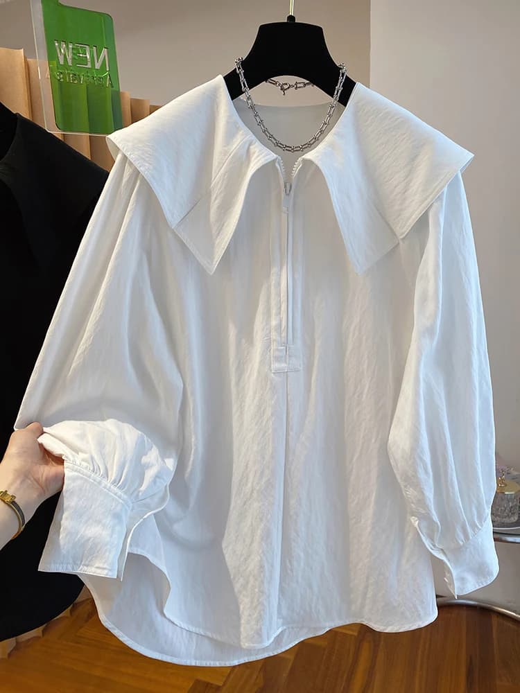 Elegante Camicia Bianca con Collo Grande in Puro Cotone, Felpa Casual con Mezza Zip Anti-Invecchiamento per Donna, Top Alla Moda in Stile Vintage