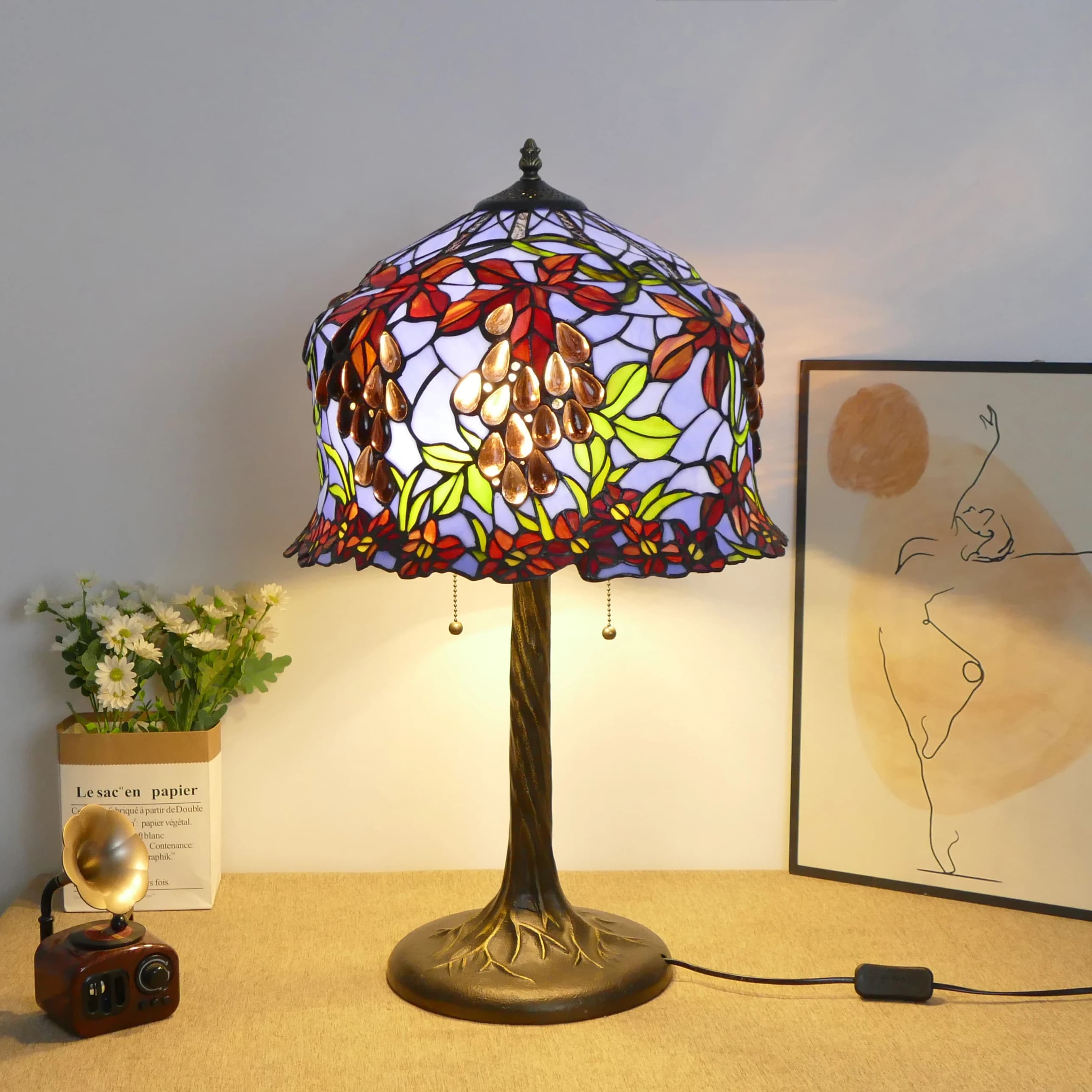 Lampada da Tavolo in Vetro Color Uva Viola da 16 Pollici, per Hotel, Soggiorno, Camera da Letto, Atmosfera Elegante