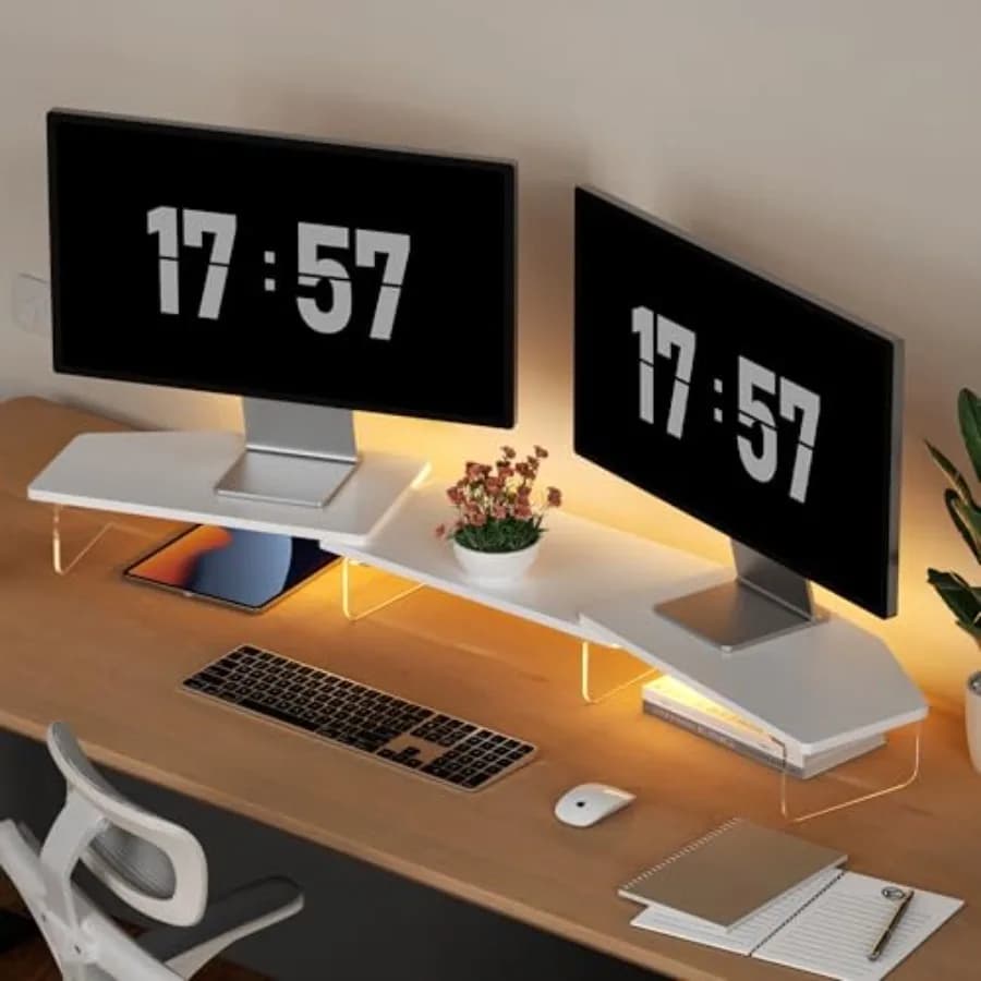 Supporto per Monitor Doppio LED, Stand da Scrivania in Legno per 2 Monitor, Lunghezza e Angolazione Regolabili, 3 Ripiani Extra Lunghi Multifunzione