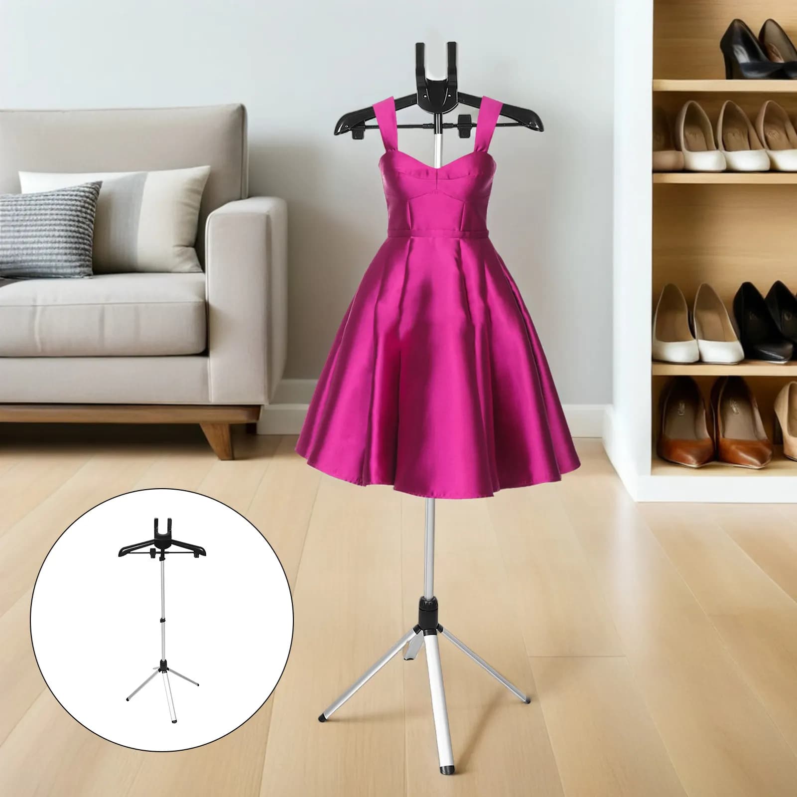 Supporto per stiratore a vapore pieghevole e regolabile in altezza con clip integrate, design compatto per piccoli spazi