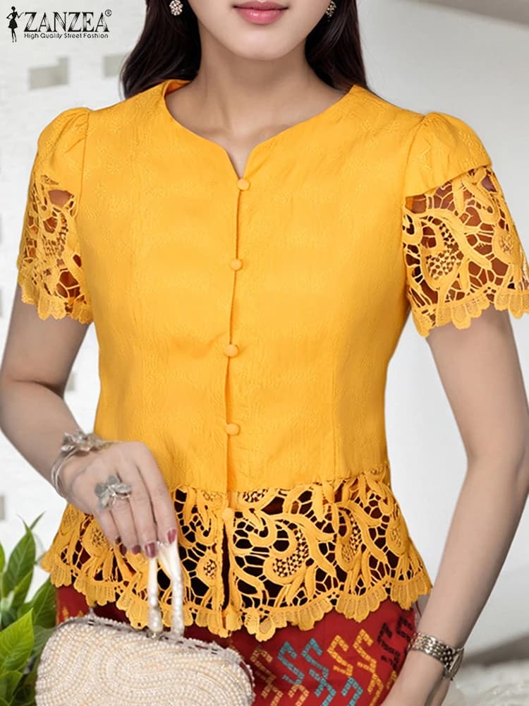ZANZEA Donne Eleganti Camicie di Pizzo 2025 Camicette Estive Top Moda Manica Corta a Soffio Tunica O-Collo Casual Allentato Blusas Femininas