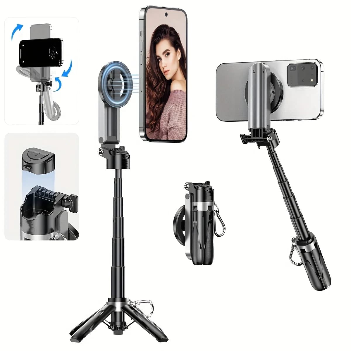 Supporto per telefono estensibile con treppiede magnetico per selfie stick 4 in 1 con telecomando compatibile con iPhone/Android, mini selfie stick
