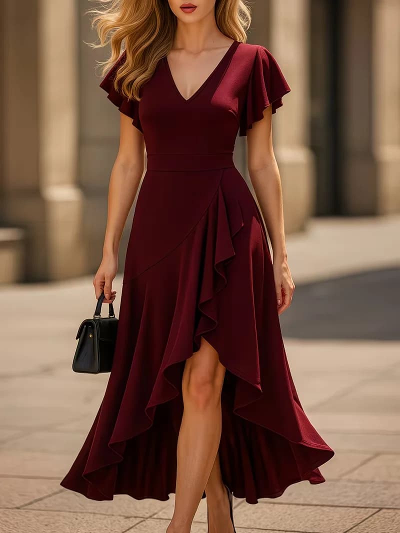 Women Sexy Deep V Neck Lotus Leaf Sleeve Summer Solid Color Cocktail Party Irregular Ruffle Hem Dress