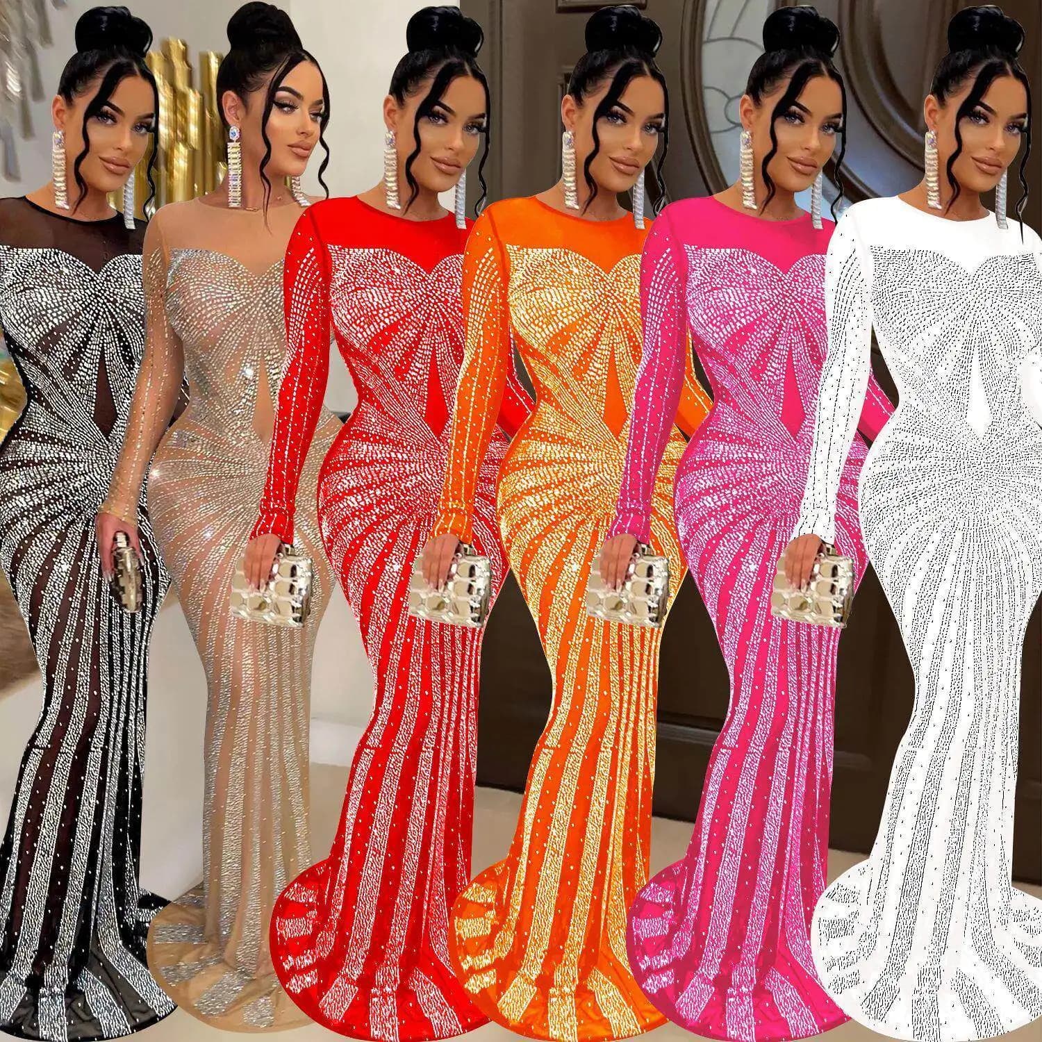 Fashionable Long Sleeve Long Dress Pure Color Mesh See through Sequin Women's Dress Autumn Season Chinese Origin C6198