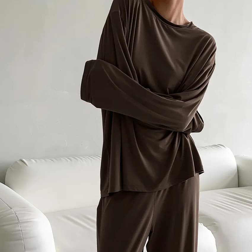 Women's Loose Fit Modal Pajamas Set Long Sleeve Crewneck Pullover Wide Leg Lounge Pants Two Pieces Stretchy Knit Loungewear Suit