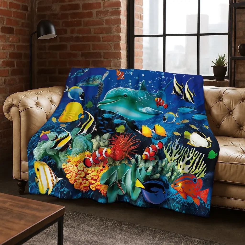 2026 Nuovo mondo sottomarino Mare Delfino Tartaruga Corallo Arte Coperta di flanella, accogliente e morbida coperta per la casa Camera da letto Divano letto Bambini