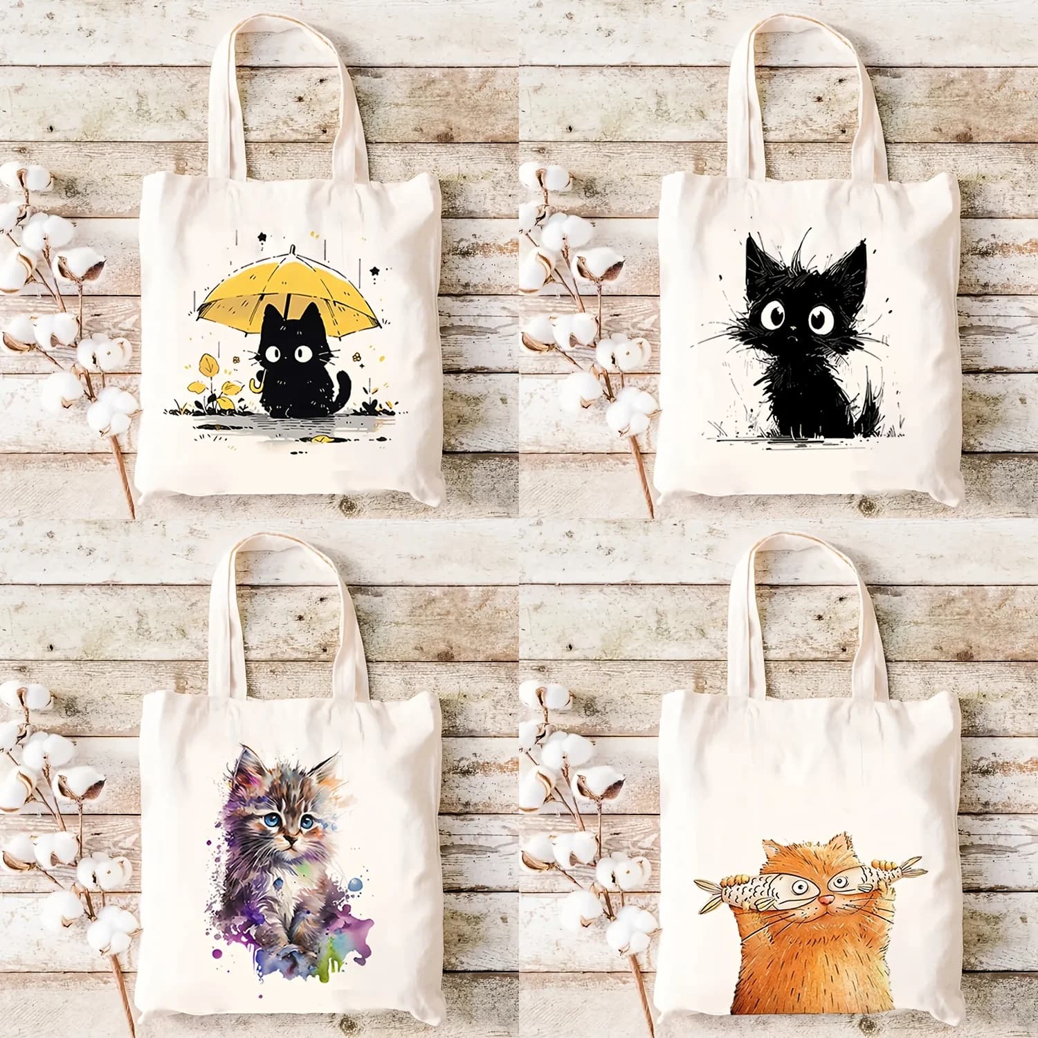 1pc, Cute Cat Pattern Canvas Bag Tote Bag, Reusable Grocery Shopping Bag, Multi-Functional And High-Capacity Double-Sided Printe