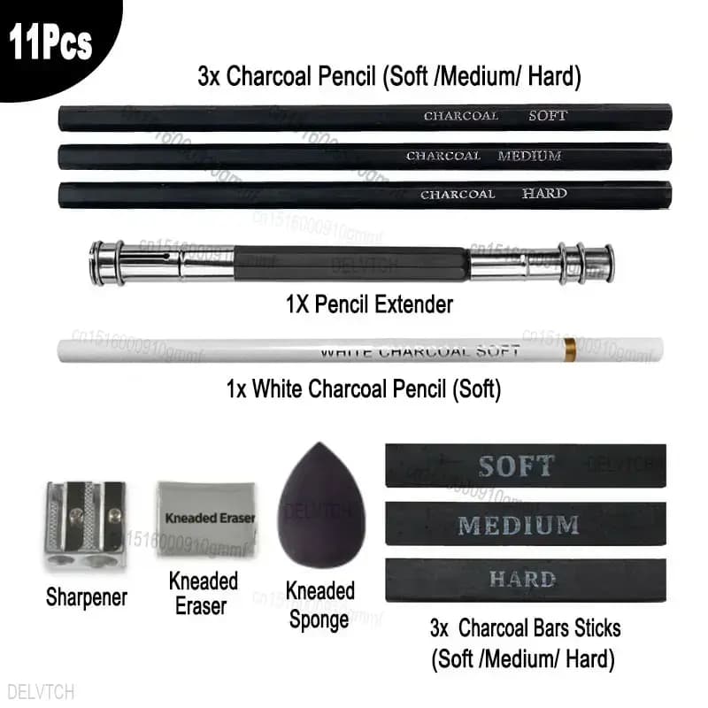 11Pcs Art Sketch Drawing Set Charcoal Graphite Pencil Soft Medium Hard Bar Sticks Kneaded Eraser Sponge Wiper Tool For Artist
