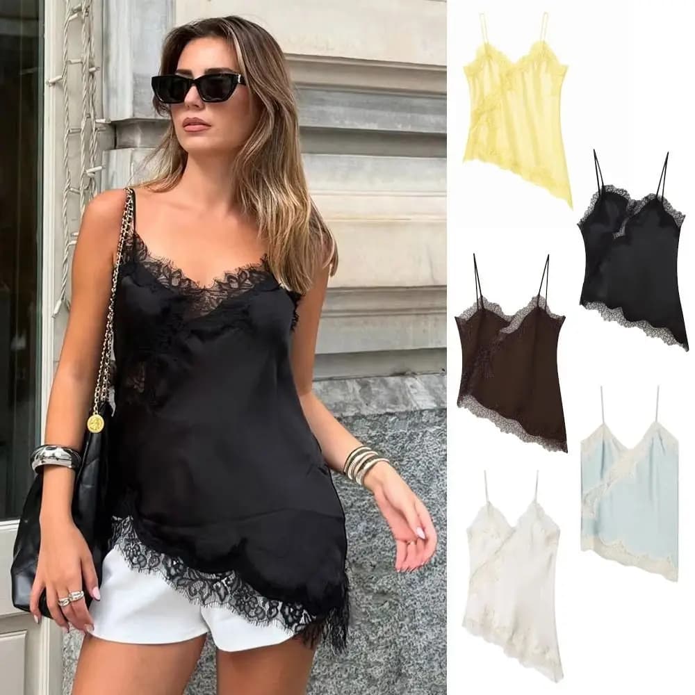 Elegante Top Asimmetrico in Pizzo con Patchwork, Sexy Camisole in Pizzo Senza Schienale, Top Senza Maniche con Scollo a V, Abito da Festa