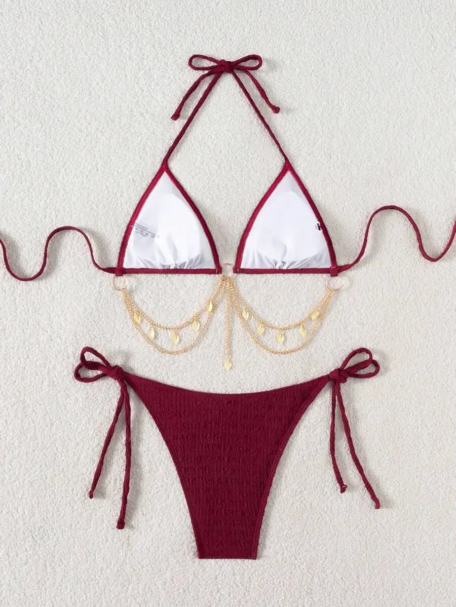Women Summer Beach Solid Color Halter Tie Bikini Two Piece Swimsuit Burgundy