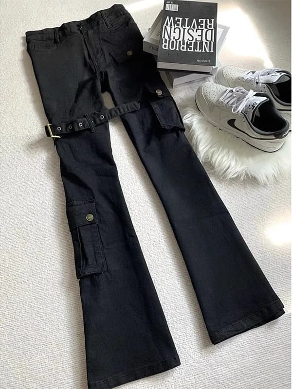 Jeans Neri da Uomo con Cintura, Gamba Dritta Svasata, Stile Americano High Street, Pantaloni da Lavoro Multitasche Slim Fit
