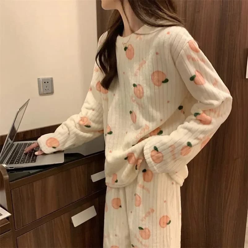 Women's Autumn Winter Coral Velvet Pajamas Thickened Outer Wear Women Cute Flannel Loungewear Loose Long Fashion Cardigan Set