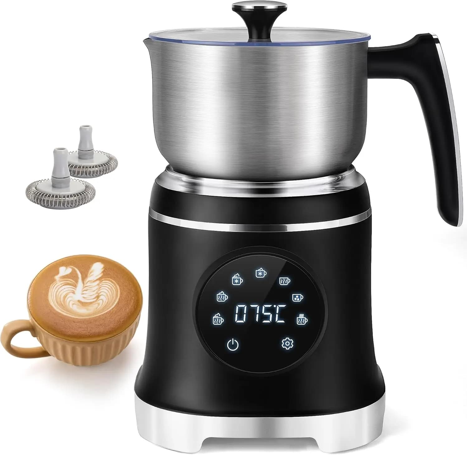Montalatte Elettrico 7-in-1 con Controllo della Temperatura, Capacità 20.3oz per Latte e Cioccolata Calda, Acciaio Inossidabile Lavabile in Lavastoviglie