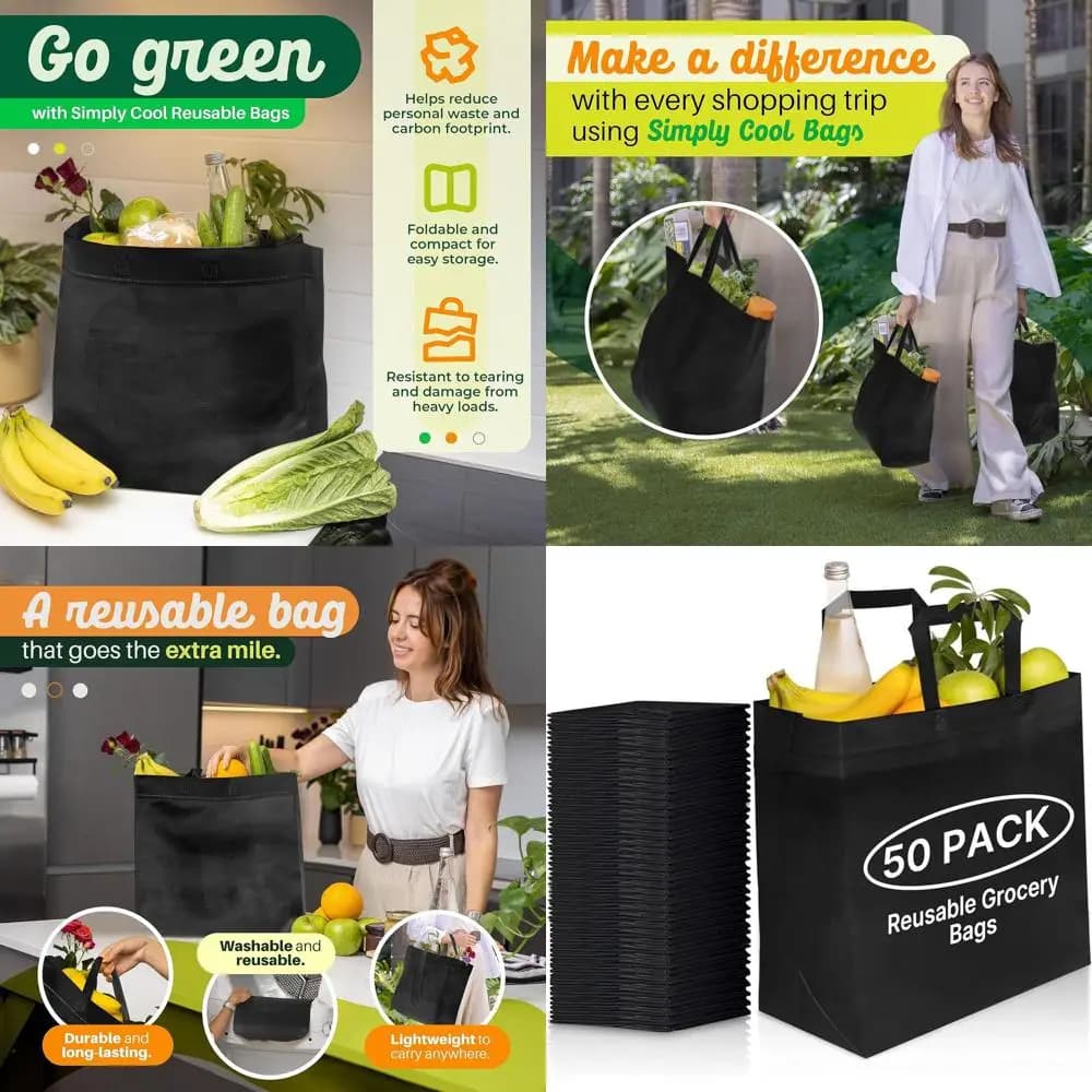 Confezione da 50 Borse Ecologiche Riutilizzabili per la Spesa, 14.5x14x6.6, Resistenti, Riciclabili, Lavabili, Pieghevoli