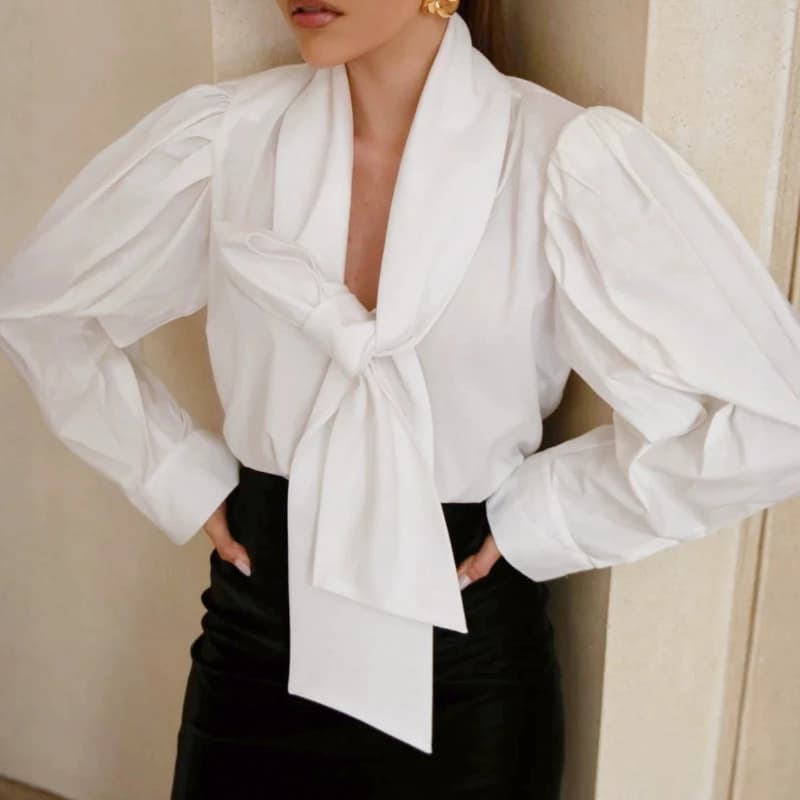 Women Autumn New Hot Selling Luxury Bow Tie Loose Pure Cotton White Blouse Basic Inner Wear Top Trendy Chic Daily Casual