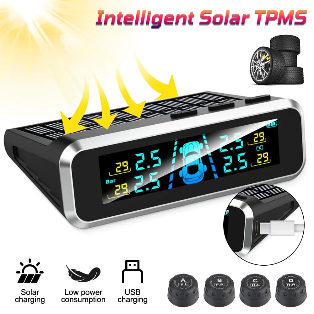 USB / Solar TPMS Car tire pressure monitoring system Automatic security alarm systems Tire temperature monitor Digital LCD display