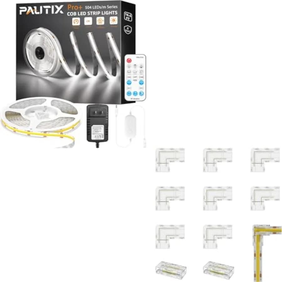 COB LED Strip Light Under Cabinet Lighting, White Led Strip Light 6500K, 8mm COB Connector 8pcs L-Shaped/Corner Connector, Unwi