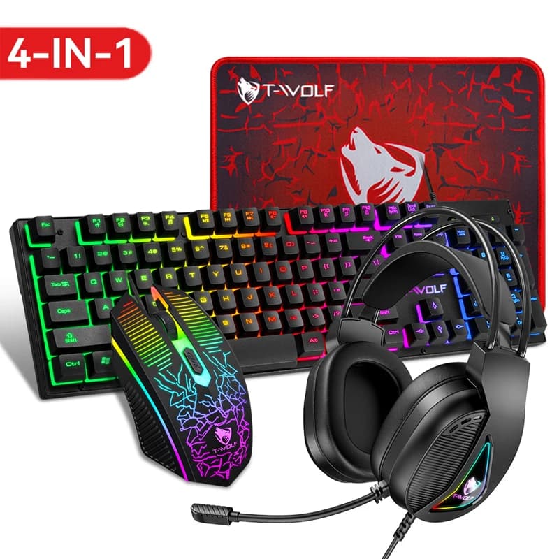 T-WOLF TF400 Set 4-in-1 con Tastiera USB, Mouse, Cuffie da Gaming e Tappetino Mouse, Retroilluminazione RGB, Plug and Play, Compatibile con PC