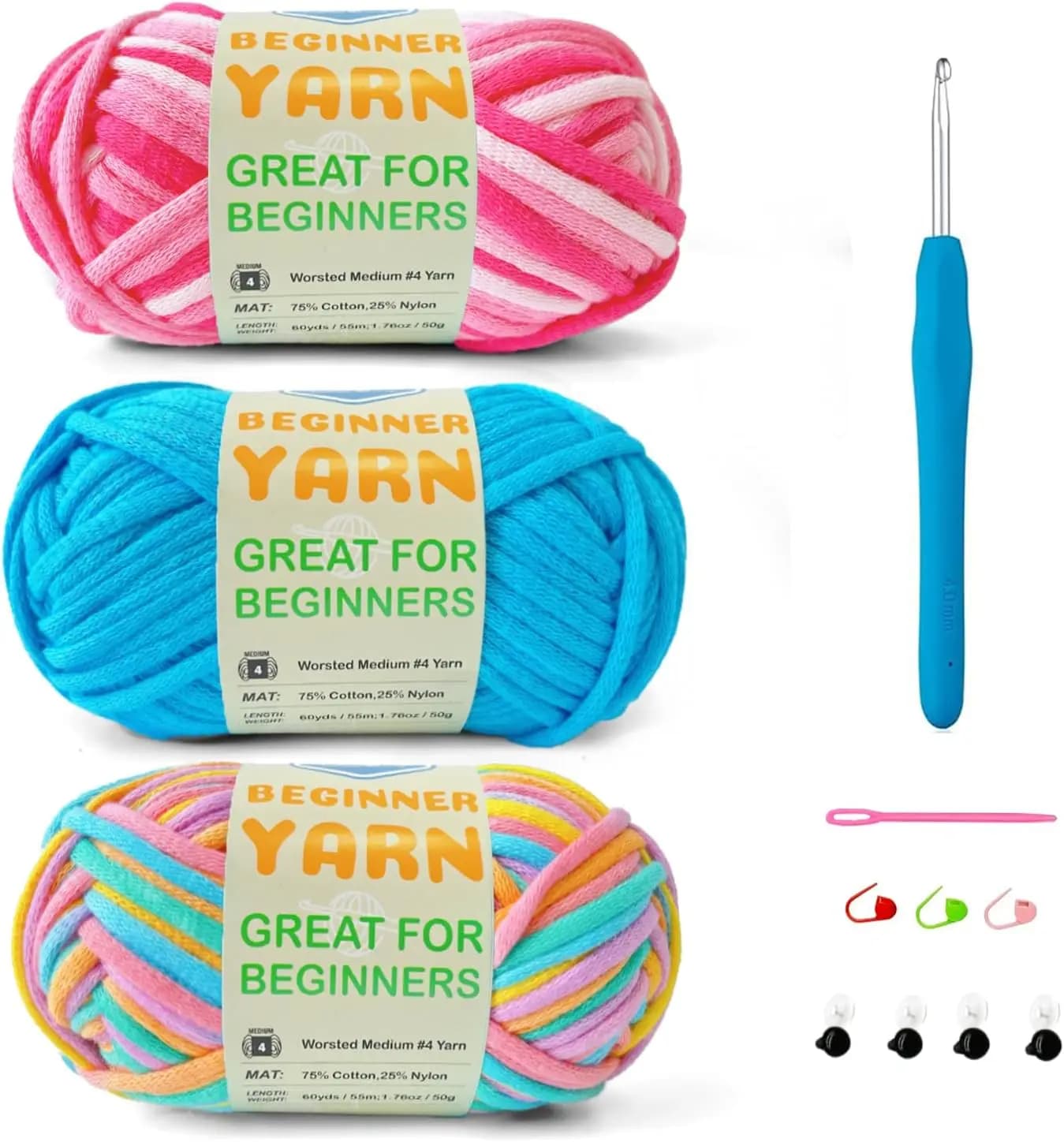 Set di 3 Filati in Cotone-Nylon per Uncinetto e Lavoro a Maglia, 50g Ciascuno, Facili da Lavorare, Peso Medio # 4, Include gancio e accessori