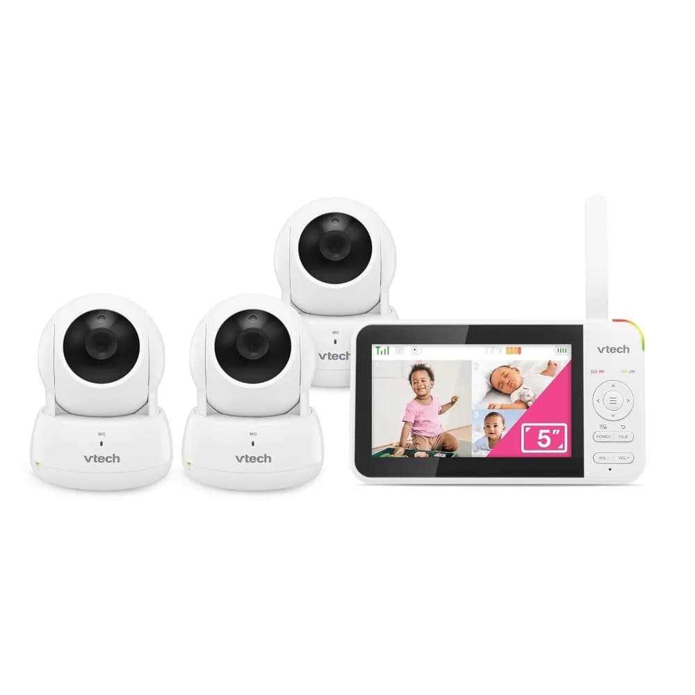 Baby monitor video con 3 telecamere, schermo LCD da 5", video fino a 17 ore e durata della batteria audio di 31 ore, visione notturna, portata 1.000 piedi, panoramica