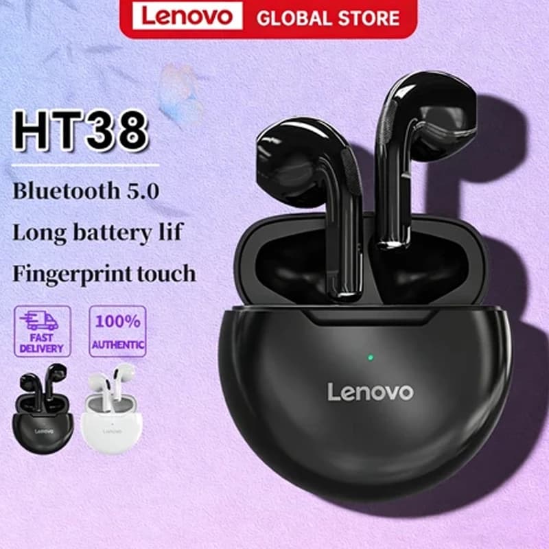 Auricolari Bluetooth Lenovo HT38, mini auricolari wireless TWS con buoni bassi e microfono per Android, audio stereo HiFi 9D, nuovi regali.