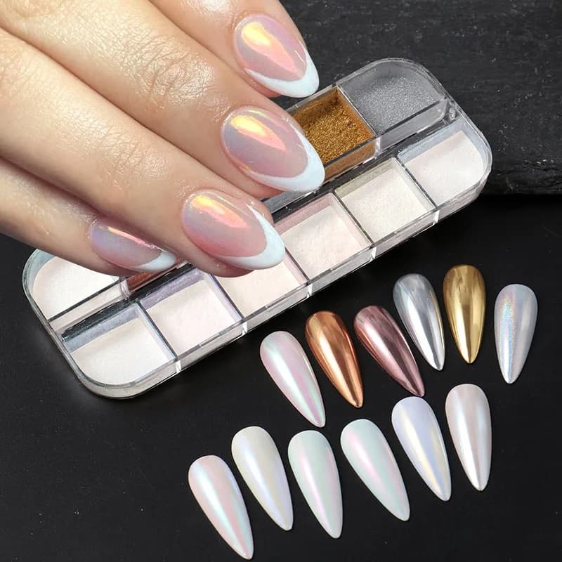 Set di 12 Polveri per Unghie Effetto Specchio Aurora, Pigmenti Iridescenti Y2K, Glitter Metallico Olografico Oro e Argento per Decorazione Unghie
