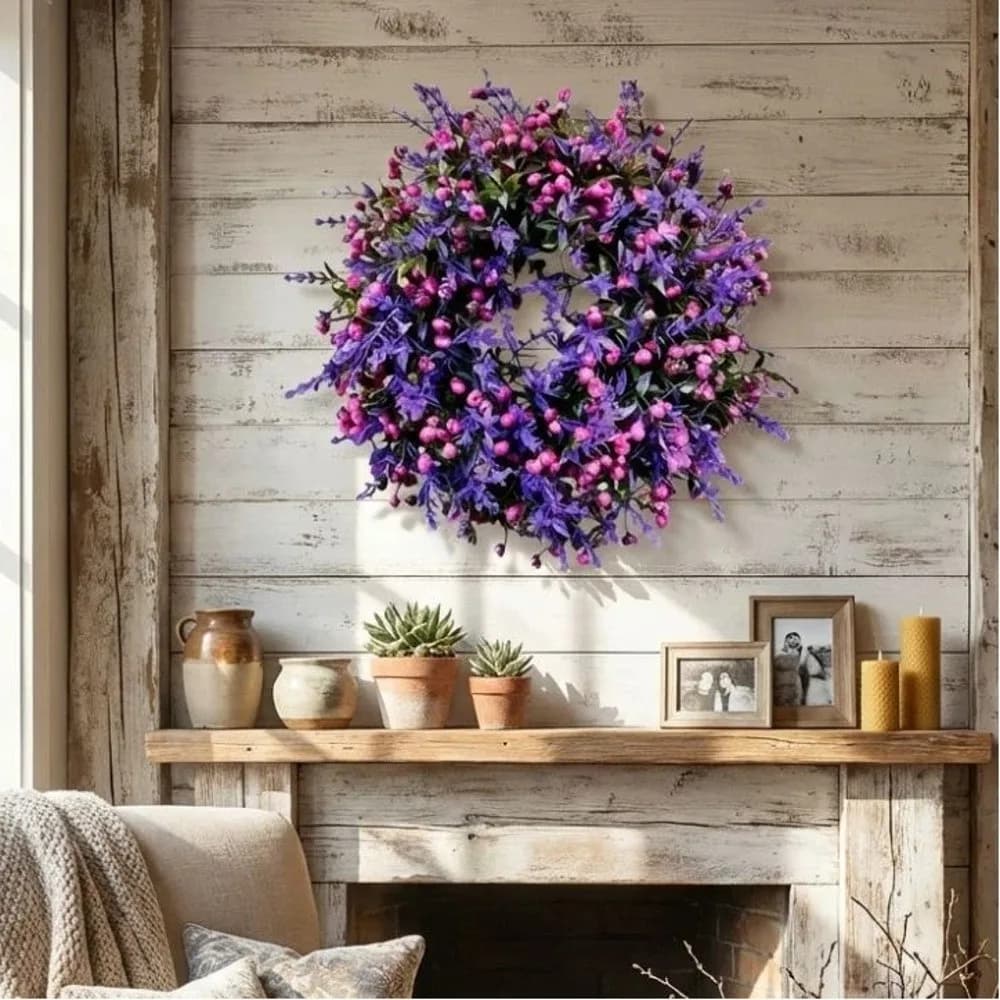 Ghirlanda di Lavanda Artificiale in Plastica, Pianta Simulata Fatta a Mano, Ghirlanda da Appendere alla Porta, Fiori Finti Realistici