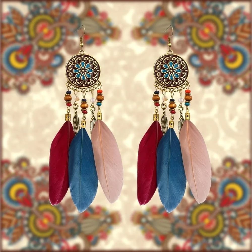 Boho Feather Earrings Ethnic Leaf Shape Long Dangle Tassel Earring Jewelry Accessories Dream Catcher Women Drop Earrings