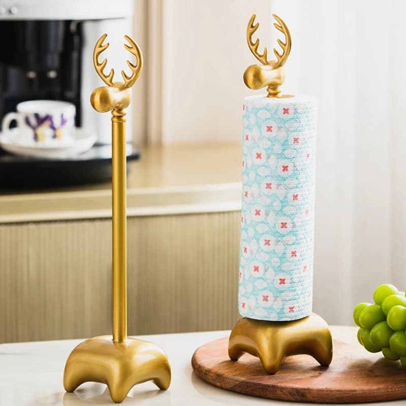Portarotolo da Cucina in Ottone con Design a Testa di Cervo, Base Stabile, Organizzatore da Scrivania e Sala da Pranzo, Dispenser di Lusso per Fazzoletti