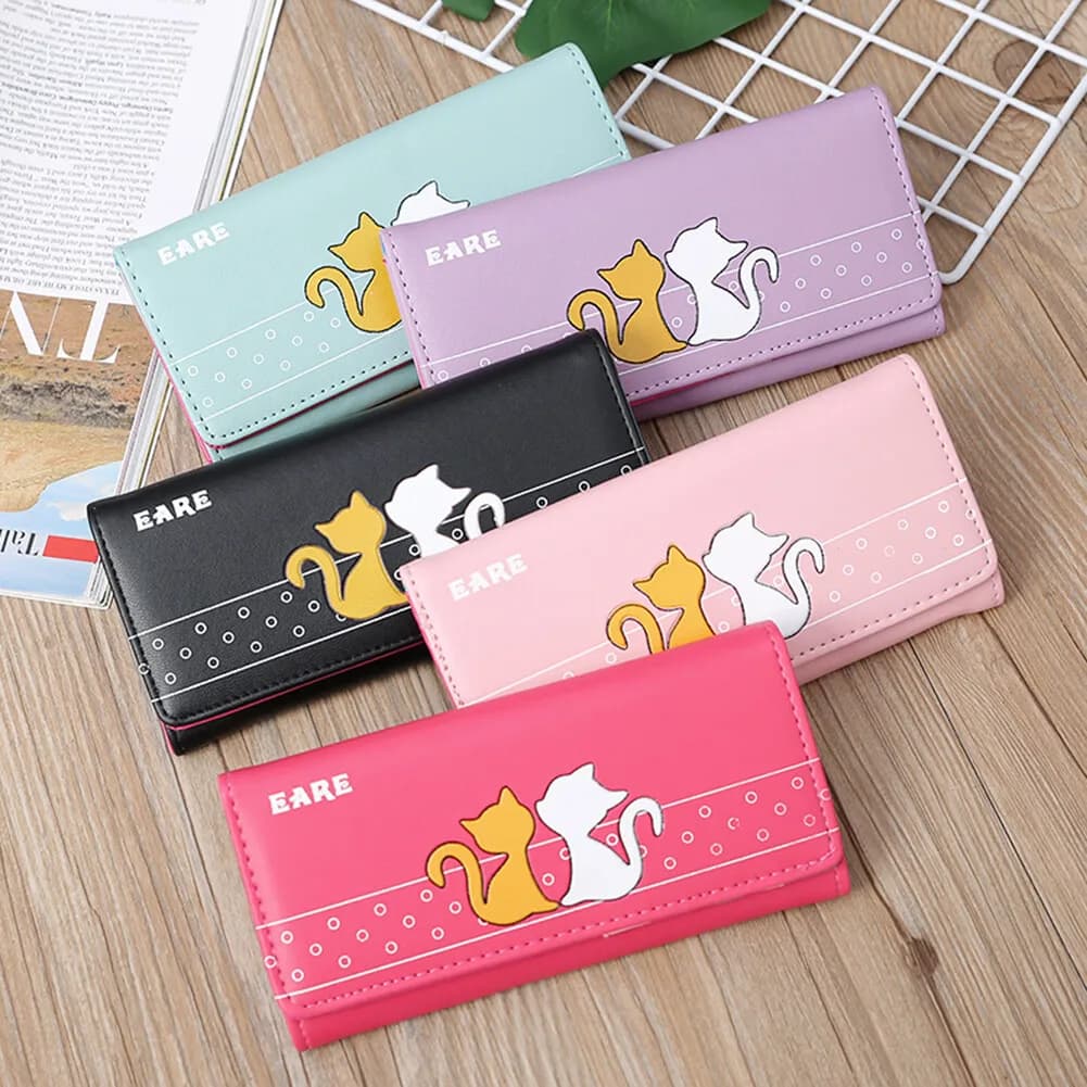 Portafogli lunghi con gatto carino per donna Pochette in pelle PU con finestra identificativa Borsa porta carte di credito