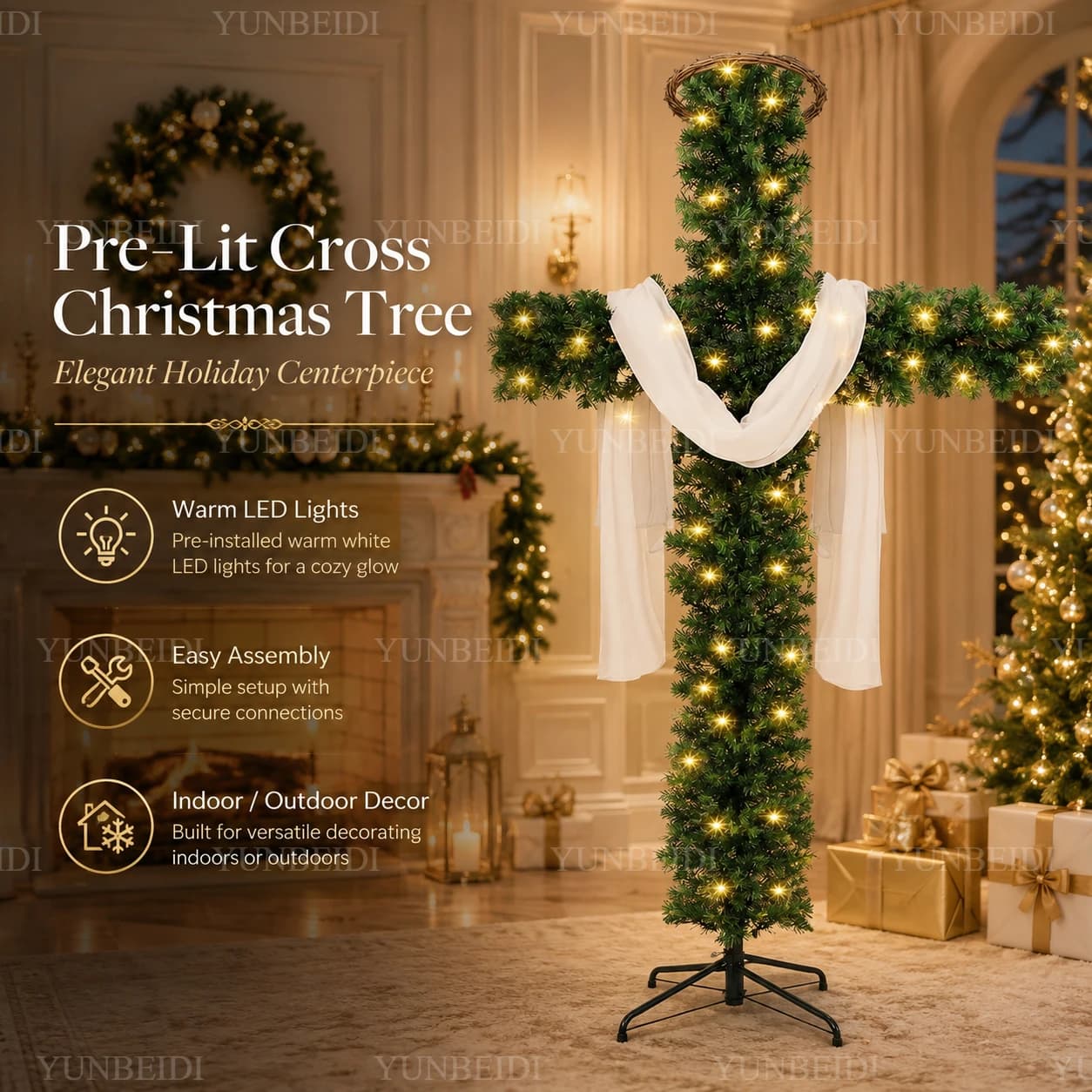 Cross Shaped Christmas Tree 150/180cm Pre Lit Warm LED Lights Artificial PVC Xmas Tree Religious Holiday Home Outdoor Decoration