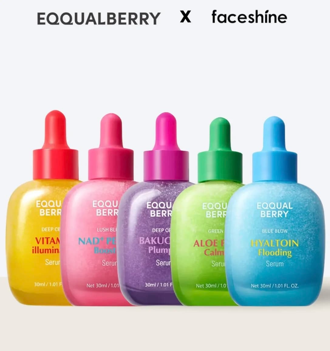 EQQUALBERRY Faceshine Facial Serum Series Original Brand Korean Vitamin C Bakuchiol Plumping Essence 30ml Renew Calm Serum Set