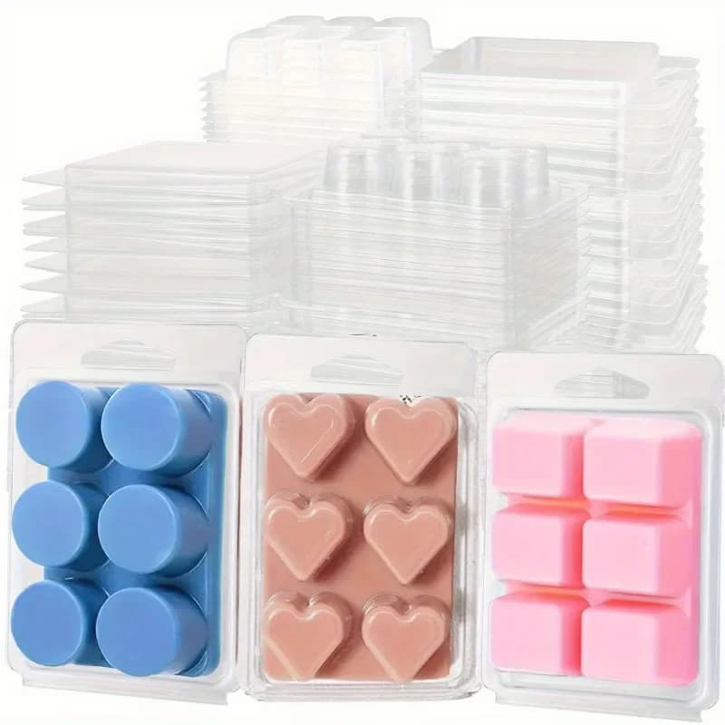 Contenitori in Plastica Trasparente per Cera Profumata, 50/100 Pezzi, Forme Quadrate e a Cuore, Senza Stoppino