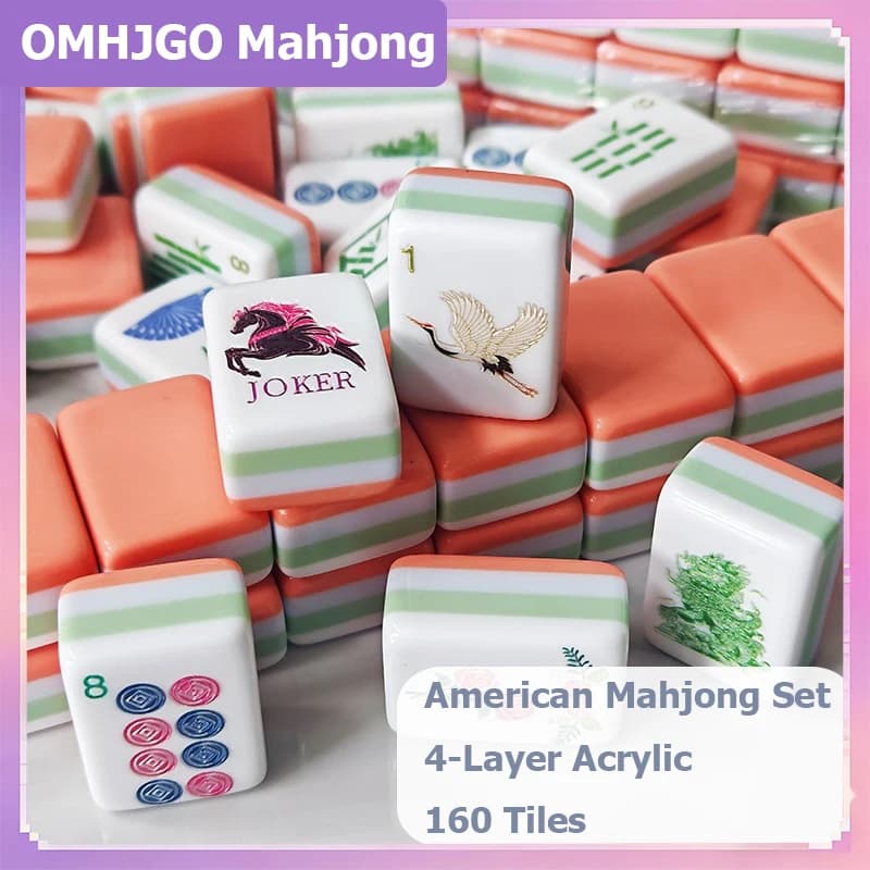 OMHJGO Coral Orange Luxury Travel Mahjong Tiles 4-Layer Acrylic American Mahjong Set Board Games Portable Mah Jongg Sets Gifts