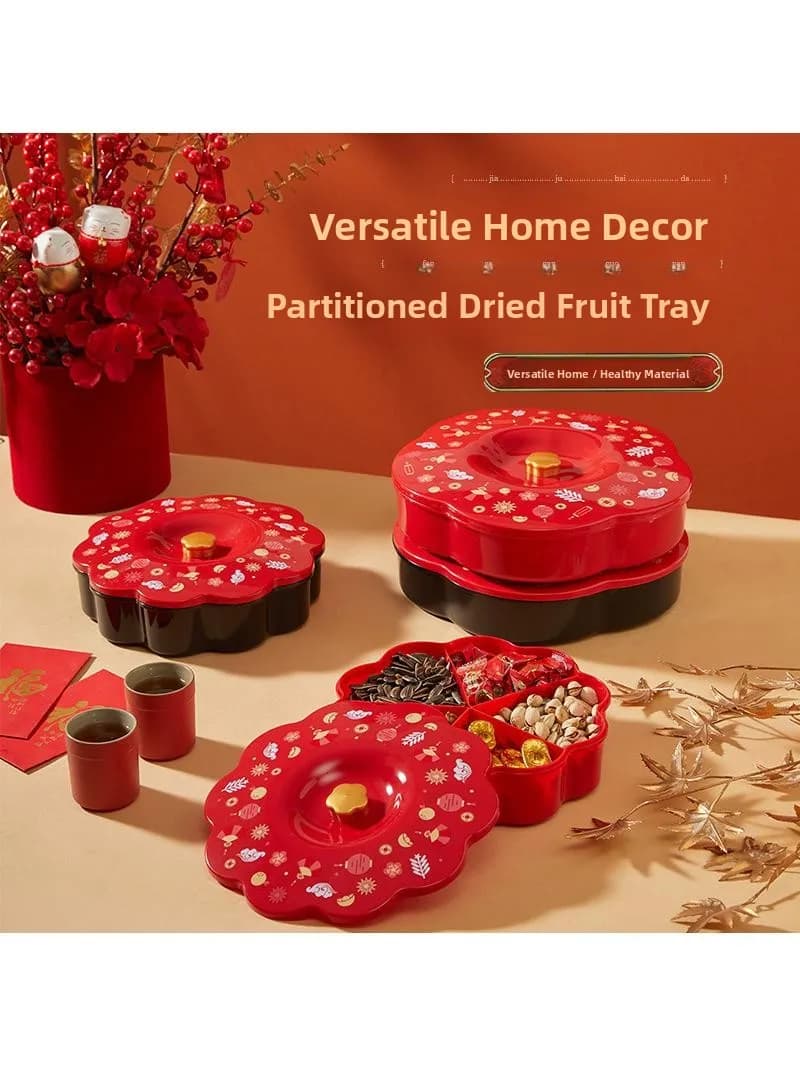 Vassoio in Plastica per Caramelle con Coperchio per Capodanno, Contenitore per Snack e Frutta Secca per Soggiorno, Piatto Divisorio per Frutta e Dessert, Idea Regalo