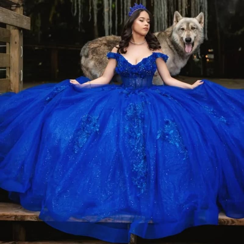 Abito Quinceanera blu royal lucido glitter fiore 3D decalcomania di cristallo Coda lunga Abiti da 15 Quinceanera Personalizza