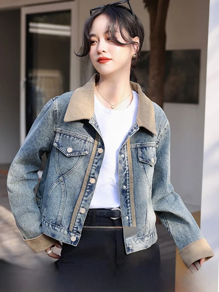 Chic Spring Autumn Denim Jacket Versatile Short Outerwear Women's Fashion Design Loose Fit Button Splice Color Block Coat